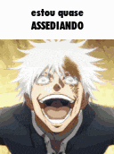 a cartoon character with white hair is laughing with his mouth open and the words estou quase assediando on the bottom .