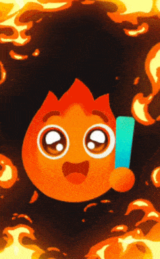 a cartoon character is holding a blue object in front of a fire background