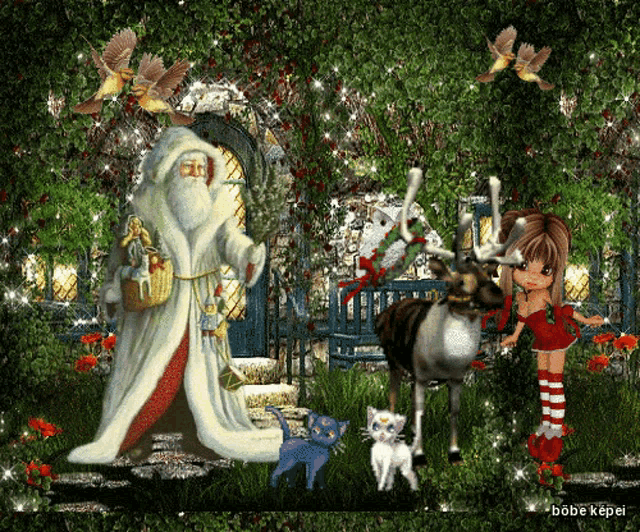 a painting of santa claus and a girl with a reindeer and a cat