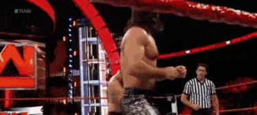 a wrestler is standing in a wrestling ring with a referee watching .