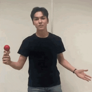a young man in a black shirt is holding a red ball on a stick .