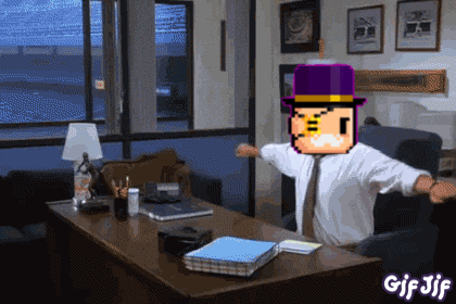 a pixel art of a man sitting at a desk with his arms outstretched and the words gif jif at the bottom