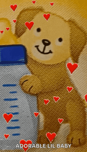 a drawing of a dog holding a blue bottle with the words adorable lil baby written below it