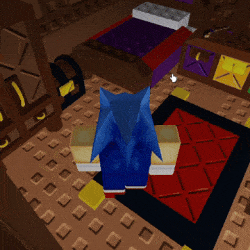 sonic the hedgehog is standing in a room with a purple bed
