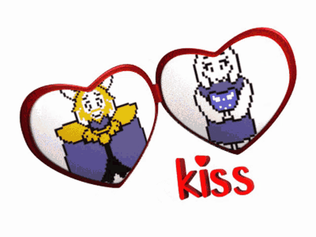 a couple of hearts with the word kiss on the bottom right
