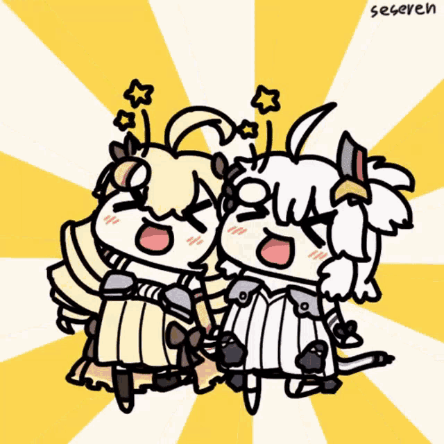 a cartoon drawing of two girls with the name seseven on the bottom right