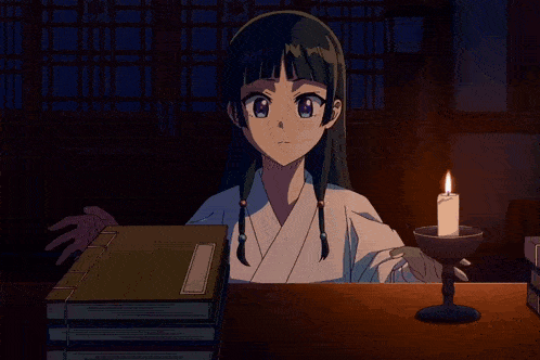 a cartoon girl with long blue hair is reading a book in the dark