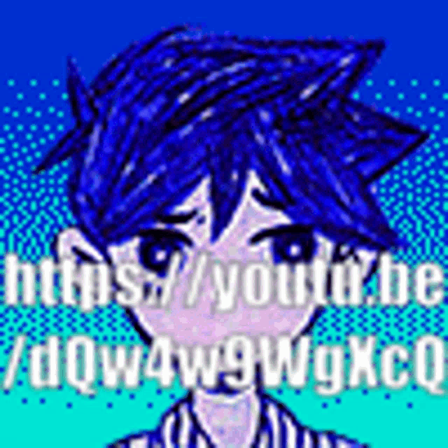 a pixel art of a boy with blue hair and a purple shirt .