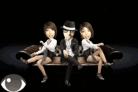 a man in a suit is sitting on a pile of money next to two women .