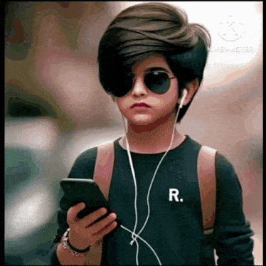 a young boy wearing sunglasses and ear buds is holding a cell phone