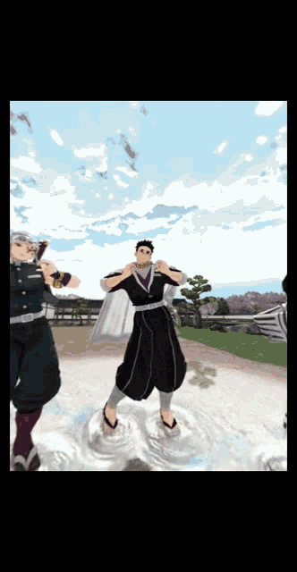 a man in a black outfit is standing in a puddle of water .