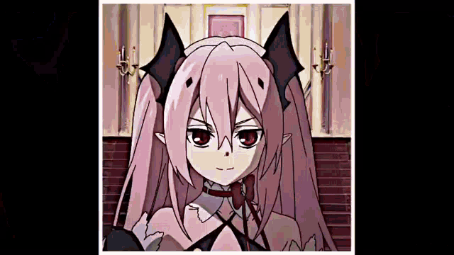 a close up of a cartoon girl with pink hair and red eyes .
