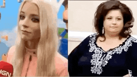 a woman with long blonde hair is talking into a microphone next to a woman with a very fat stomach .