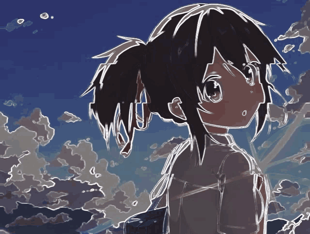 a drawing of a girl with a ponytail looking at the sky