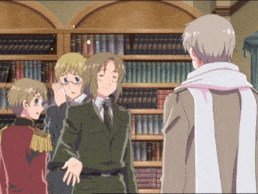 a group of anime characters are standing in front of a bookshelf and one of them has a scarf around his neck