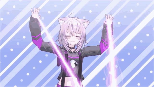 a girl with a cat ear is dancing with her arms up in the air