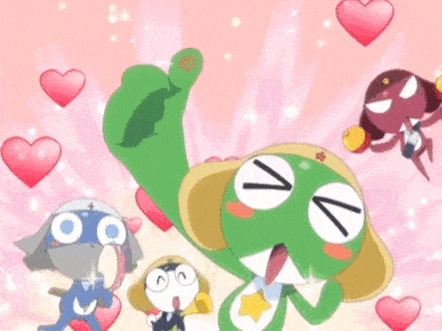a group of cartoon characters surrounded by pink hearts