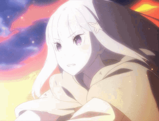 a girl with white hair and purple eyes looks angry