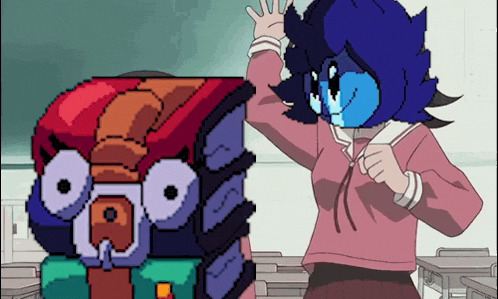 a pixel art drawing of a girl standing next to a cartoon character