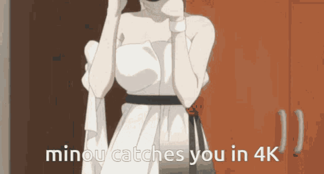a woman in a white dress is standing in front of a door with the words " minou catches you in 4k "