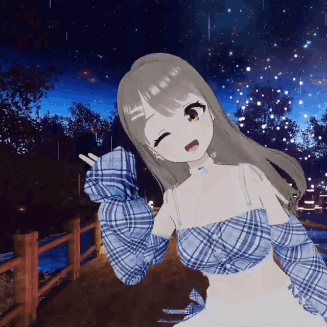 a girl in a blue plaid top stands in front of a bridge