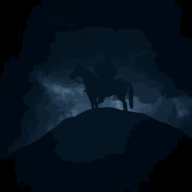 a silhouette of a man riding a horse on top of a hill with the number 1 in the corner