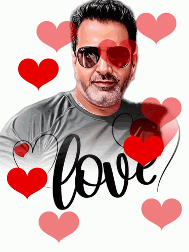 a man is surrounded by hearts and the word love