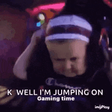 a person wearing headphones and a headband is jumping on a gaming time .