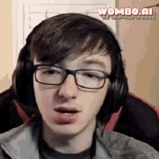a young man wearing glasses and headphones is making a face .