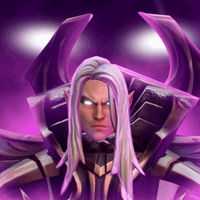 a man with long white hair and purple horns