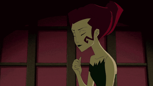a cartoon character with red hair and green eyes is standing in front of a window