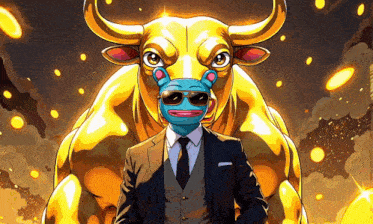a man in a suit and tie is standing in front of a bull wearing sunglasses and a mask .