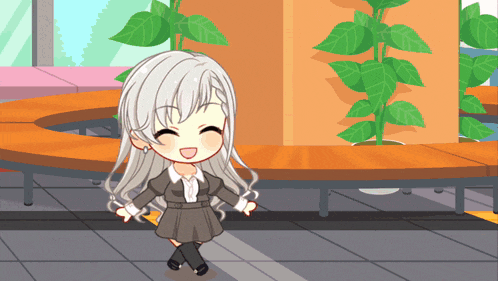 a cartoon drawing of a girl with white hair standing in front of a plant