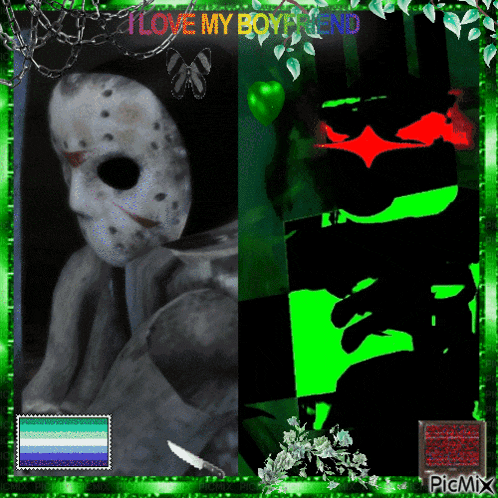 a picture of jason voorhees with the words " i love my boyfriend " on top