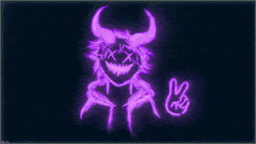 a purple devil with horns and a peace sign