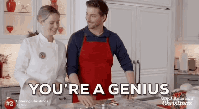 a man and woman in a kitchen with the words you 're a genius