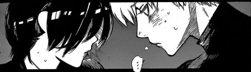 a black and white drawing of two anime characters looking at each other .