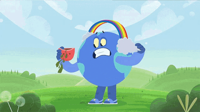 a blue cartoon character with a rainbow around his head holding a tomato