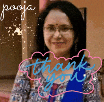 a picture of a woman with the words pooja thank you