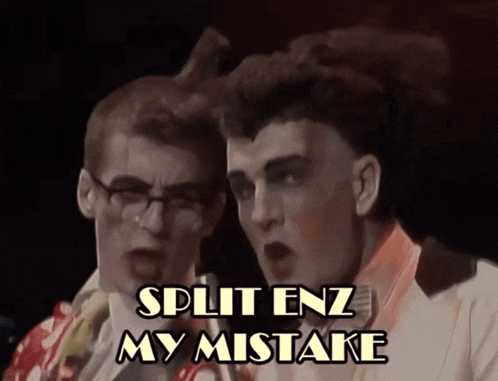 two men are singing split enz my mistake in front of a black background