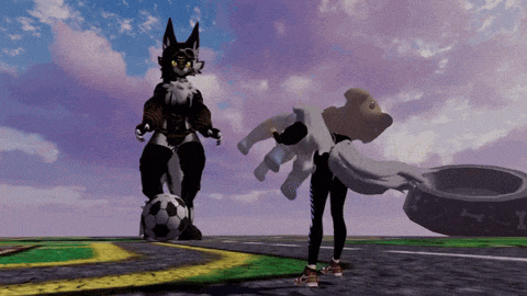 a furry character standing next to a tire
