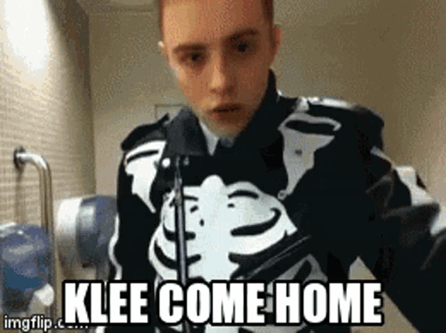 a man wearing a skeleton jacket says " knee come home "