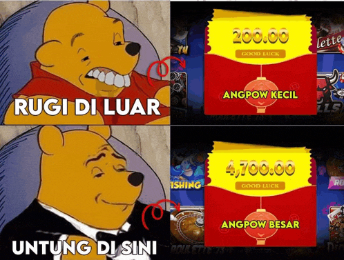 a cartoon of winnie the pooh with the words rugi di luar and untung di sini on the bottom