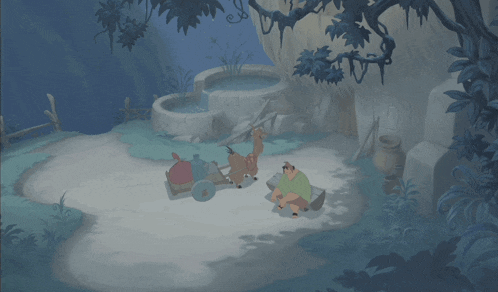 a cartoon scene with a man sitting on a rock and a horse pulling a carriage