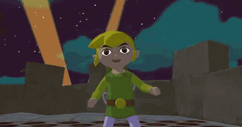 a cartoon character in a green outfit is dancing in front of a castle wall