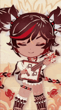a cartoon girl is holding a guitar in her hand and smiling .