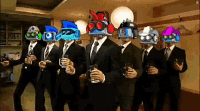 a group of men in suits and ties with robots on their heads holding drinks .