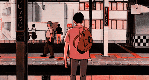 a cartoon drawing of a man with a backpack waiting for a train at a station