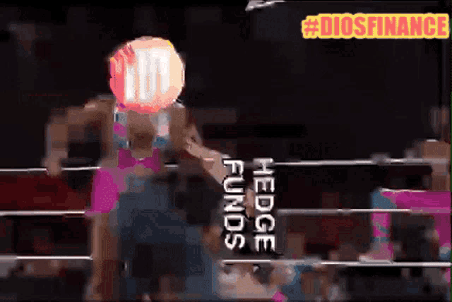 a woman in a wrestling ring with the words hedge funds written on the bottom