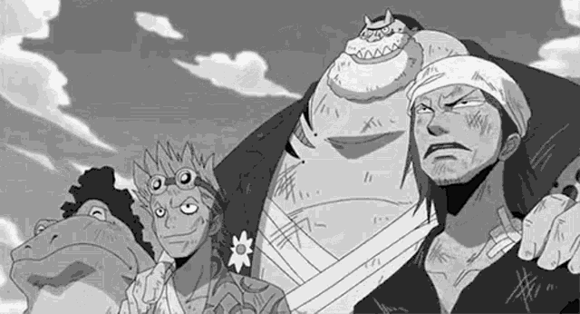 a group of men are standing next to each other in a black and white drawing of a group of anime characters .